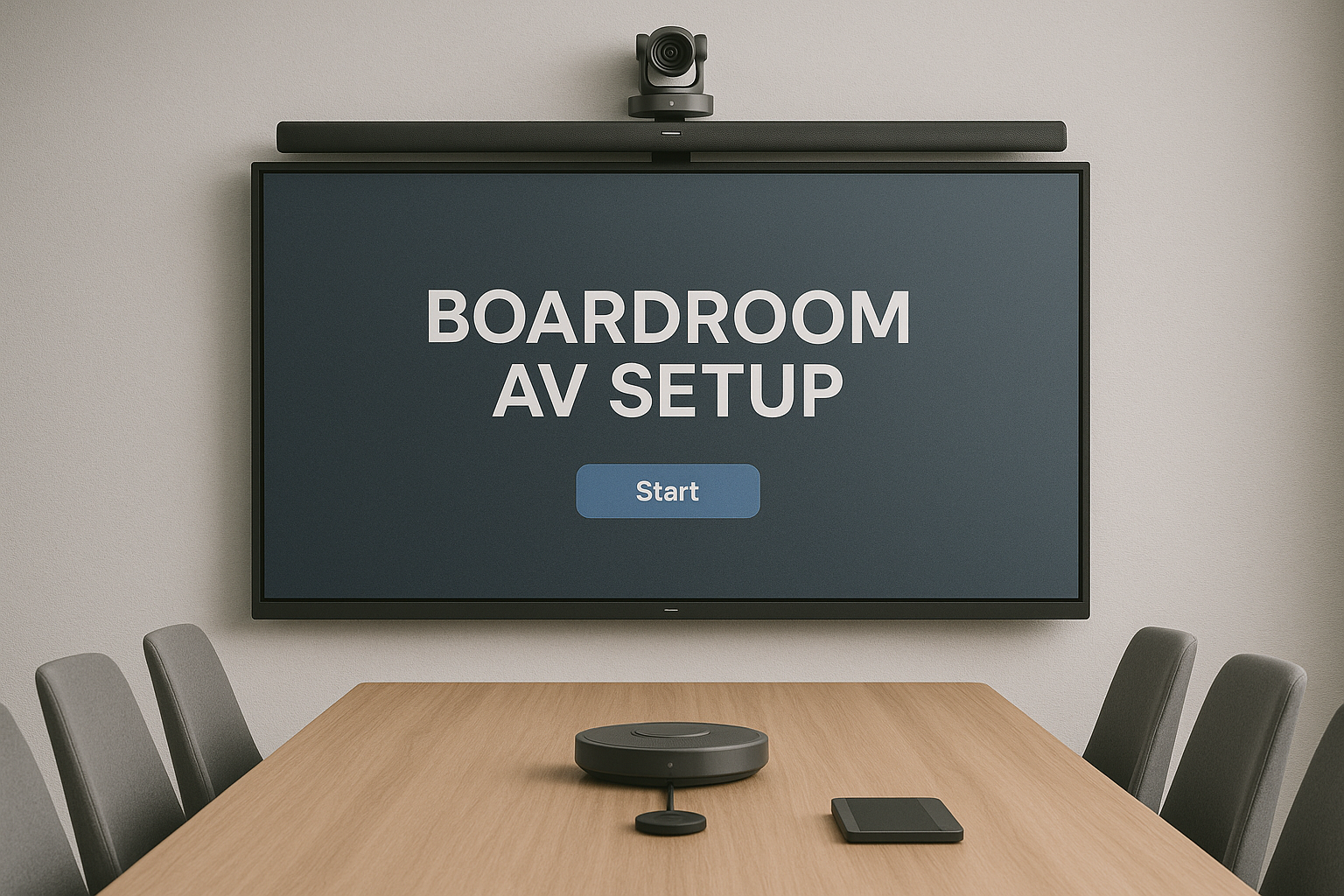 Boardroom AV setup with large interactive display and conference table